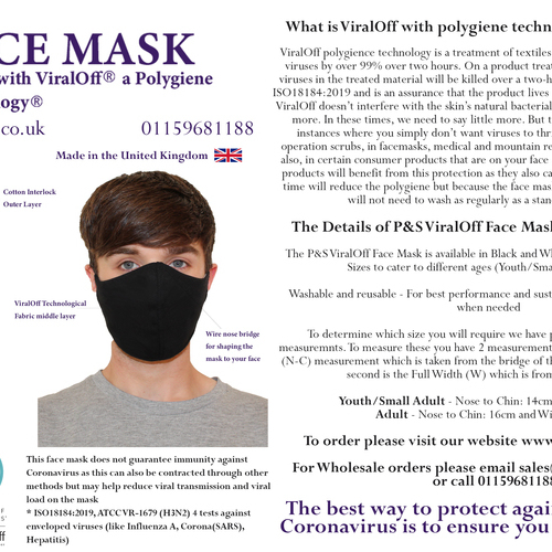 P&S Face Mask with ViralOff Technology - 5 Pack- Please choose Size and Colour